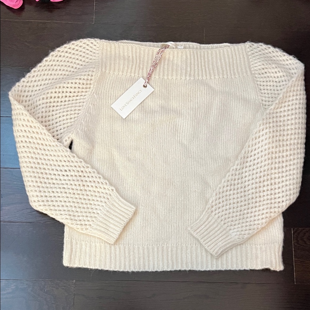 Loveshackfancy Cream Sweater with Waffle Knit Sleeves size XL new with tags